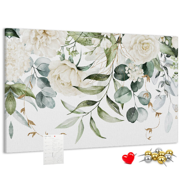 Bild mit Korkrückwand mit Blumenmuster und grünen Blättern