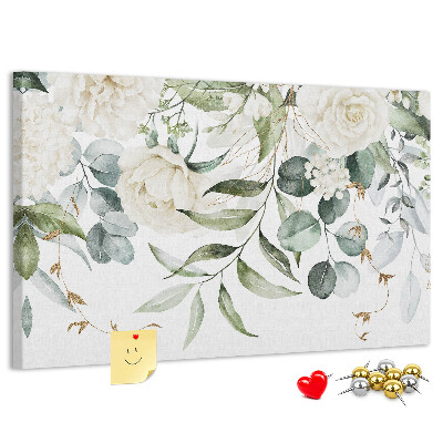 Bild mit Korkrückwand mit Blumenmuster und grünen Blättern