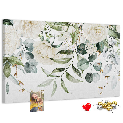 Bild mit Korkrückwand mit Blumenmuster und grünen Blättern