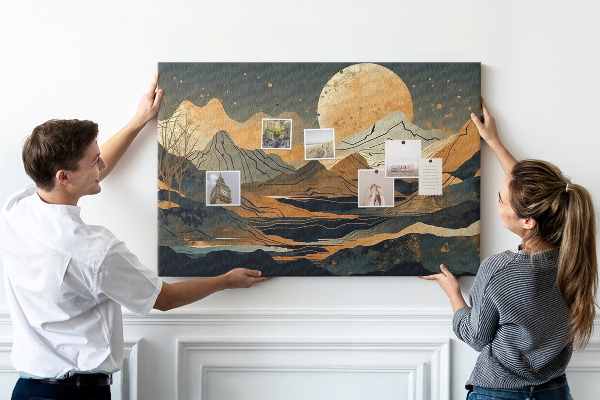 Korktafel mit Berglandschaft und Mondmotiv
