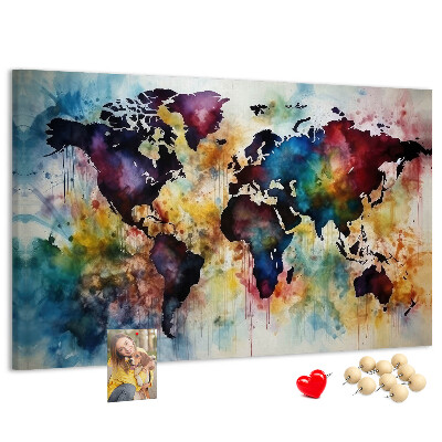 Weltkarte im Aquarellstil mit Korkrückwand