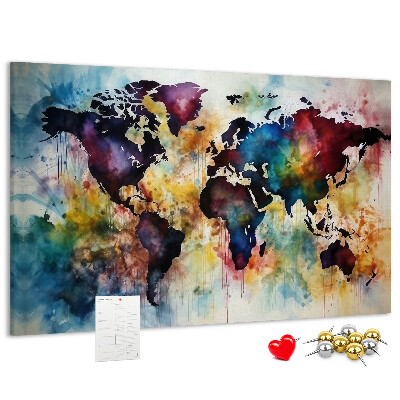 Weltkarte im Aquarellstil mit Korkrückwand