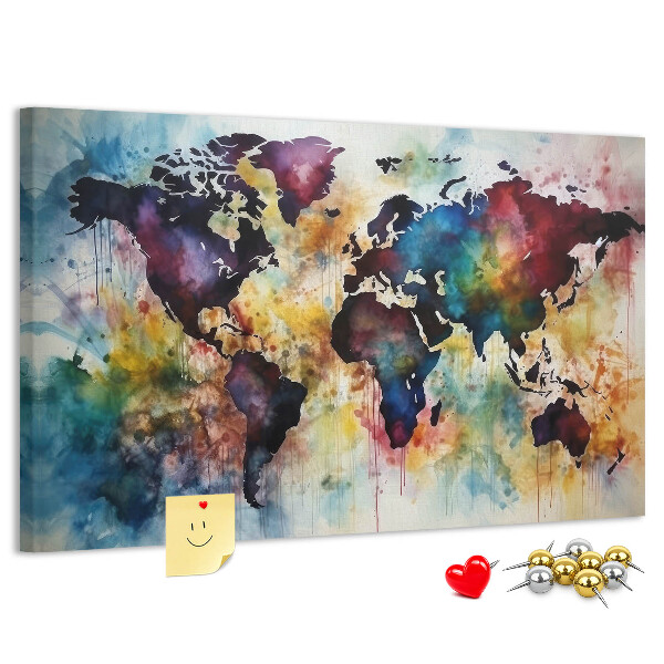 Weltkarte im Aquarellstil mit Korkrückwand