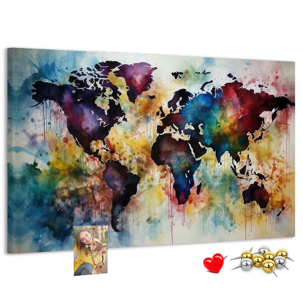 Weltkarte im Aquarellstil mit Korkrückwand
