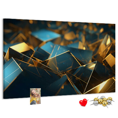 Korkpinnwand mit goldenen und blauen geometrischen Formen