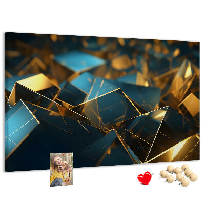 Korkpinnwand mit goldenen und blauen geometrischen Formen