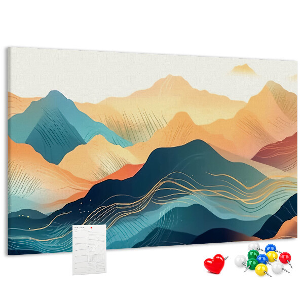 Korktafel mit abstraktem Bergmotiv in Pastelltönen