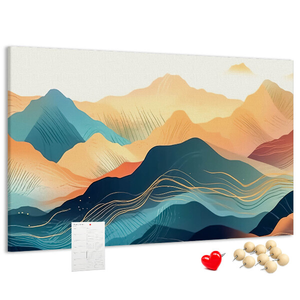 Korktafel mit abstraktem Bergmotiv in Pastelltönen