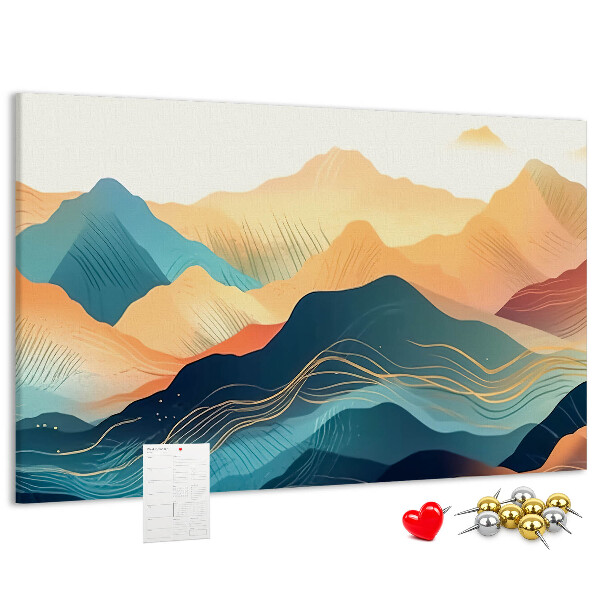 Korktafel mit abstraktem Bergmotiv in Pastelltönen
