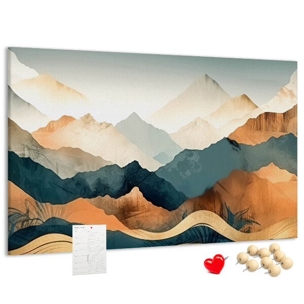 Kork-Pinnwand mit Motiv einer Berglandschaft in gedeckten Farben