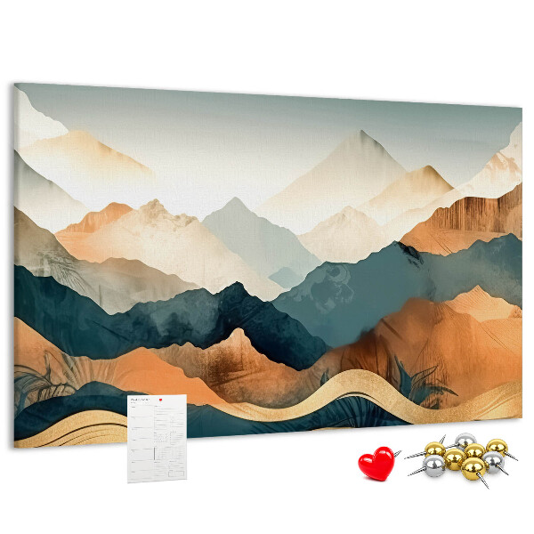 Kork-Pinnwand mit Motiv einer Berglandschaft in gedeckten Farben