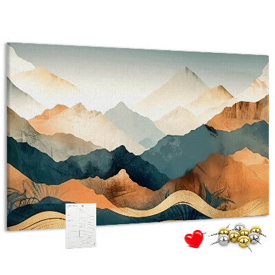 Kork-Pinnwand mit Motiv einer Berglandschaft in gedeckten Farben