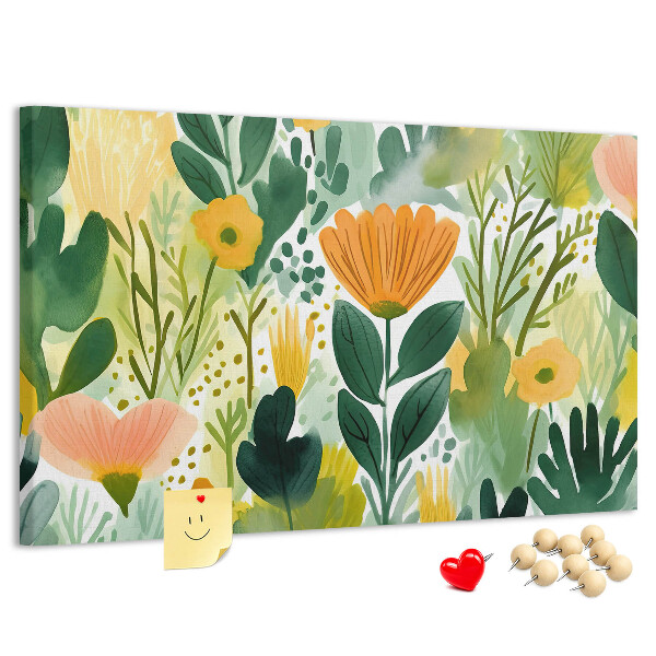 Korktafel mit Blumenmuster und grünen Blättern