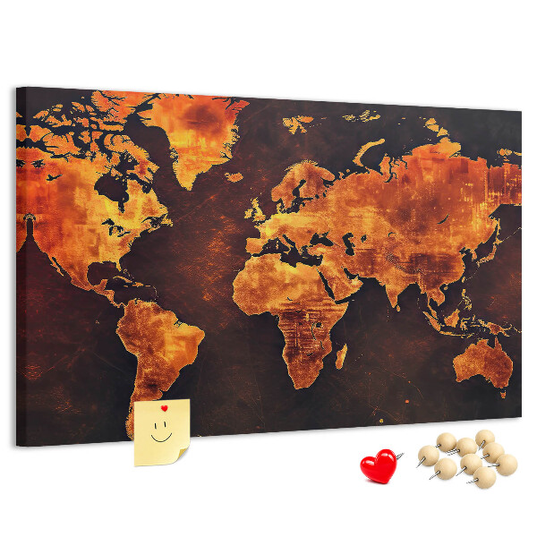 Korktafel mit Motiv einer goldenen Weltkarte auf braunem Hintergrund
