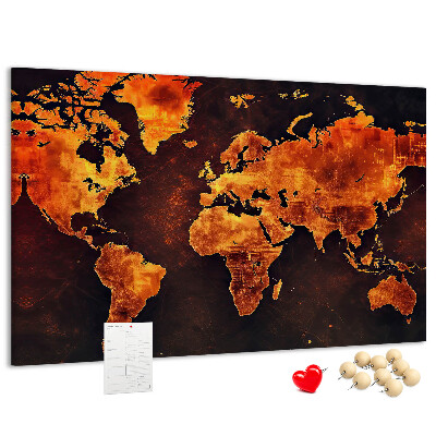 Korktafel mit Motiv einer goldenen Weltkarte auf braunem Hintergrund