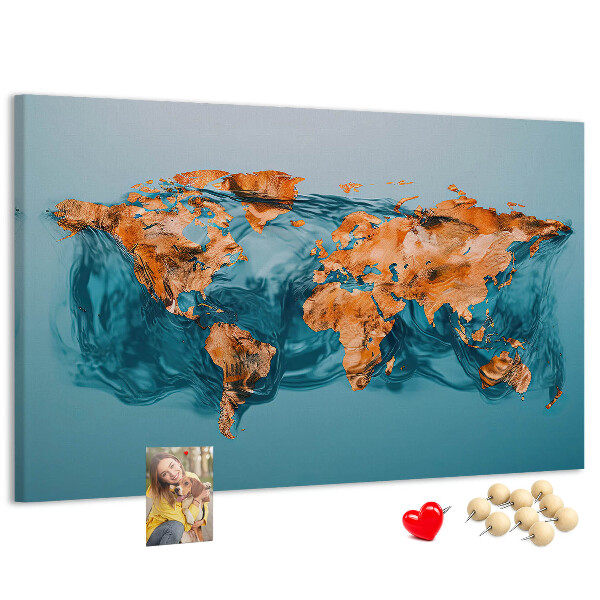 Weltkarte aus kräuselndem Wasser mit Korkrückwand