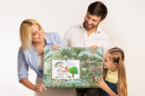 Bild mit Korkrückwand tropischer Wald mit Wildtieren und Vögeln