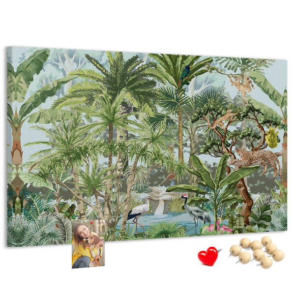 Bild mit Korkrückwand tropischer Wald mit Wildtieren und Vögeln