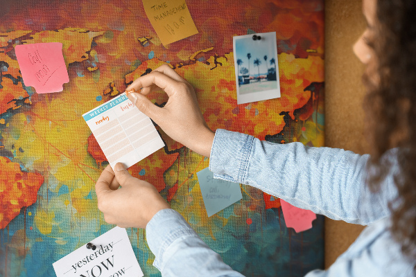 Weltkarte mit Korkrückwand in intensiven Farben