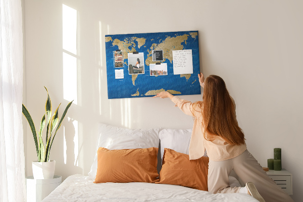 Weltkarte mit Korkrückwand inklusive farbiger Stecknadeln