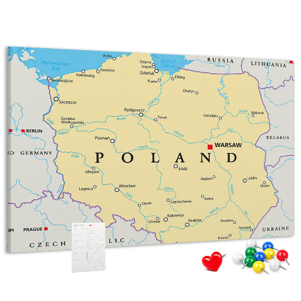 Korktafel mit einer Karte von Polen und hervorgehobenem Warschau