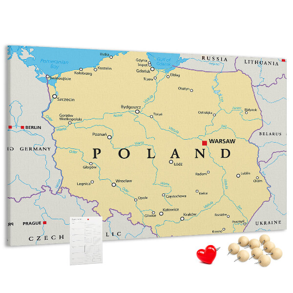 Korktafel mit einer Karte von Polen und hervorgehobenem Warschau