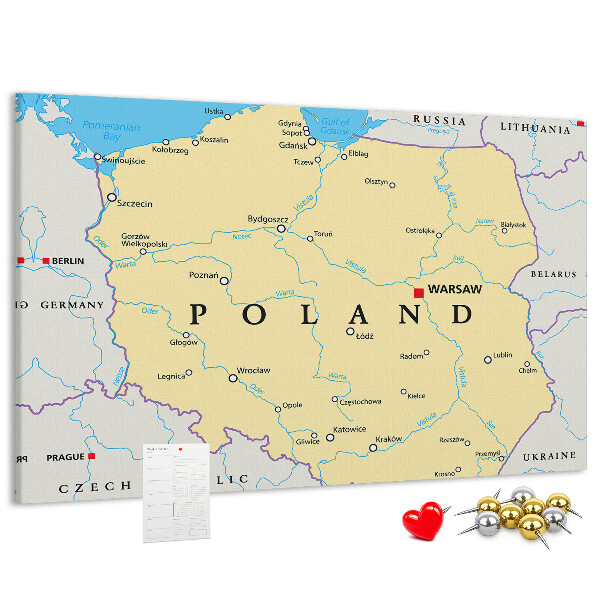 Korktafel mit einer Karte von Polen und hervorgehobenem Warschau