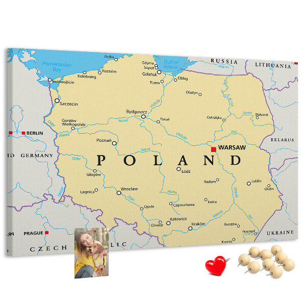 Korktafel mit einer Karte von Polen und hervorgehobenem Warschau