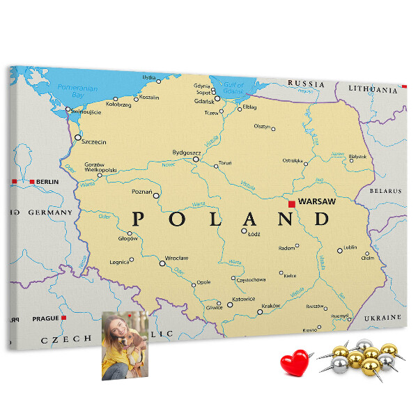Korktafel mit einer Karte von Polen und hervorgehobenem Warschau