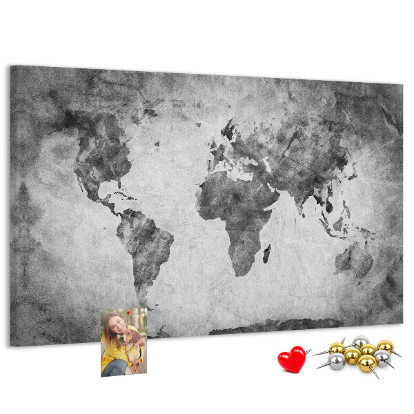 Weltkarte mit Korkrückwand in altmodischer Optik und Grautönen