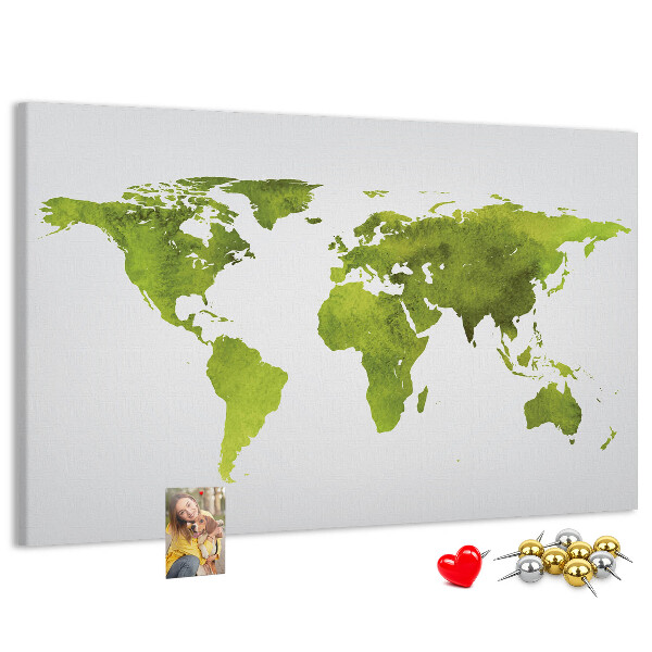Korktafel mit grüner Weltkarte im Aquarell-Design