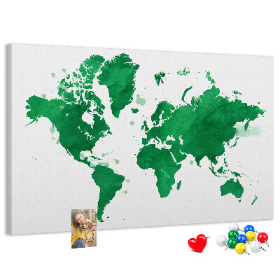 Korktafel mit Motiv einer grünen Aquarell-Weltkarte