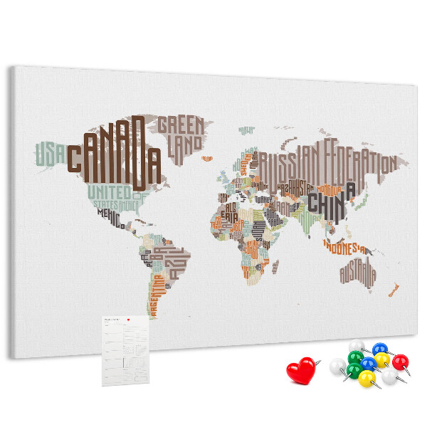 Weltkarte mit Ländernamen mit Korkrückwand