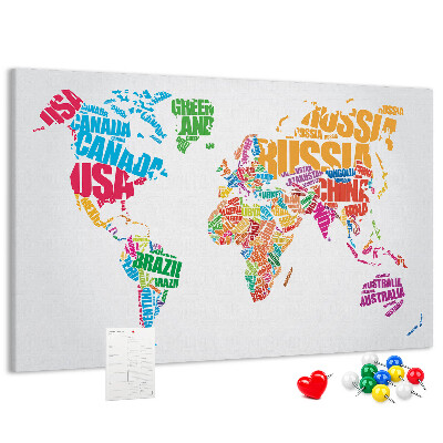 Korkbild bunte Weltkarte mit Ländernamen