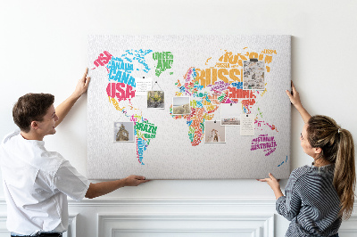 Korkbild bunte Weltkarte mit Ländernamen
