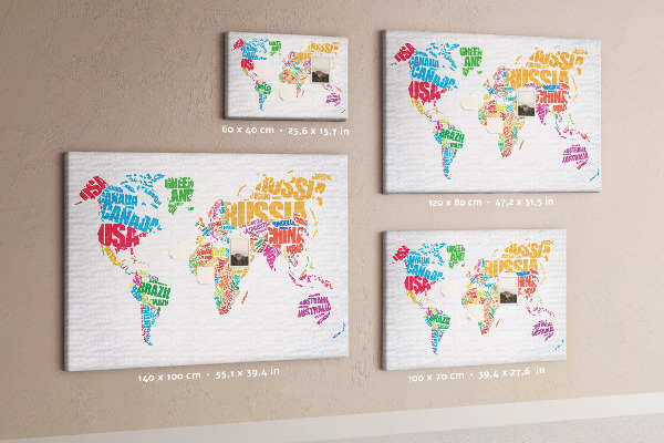 Korkbild bunte Weltkarte mit Ländernamen