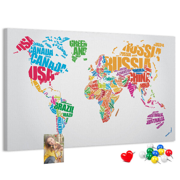 Korkbild bunte Weltkarte mit Ländernamen