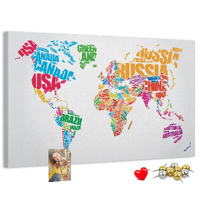 Korkbild bunte Weltkarte mit Ländernamen