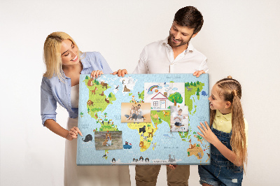 Pinnwand aus Kork Weltkarte mit Tieren und Kontinenten
