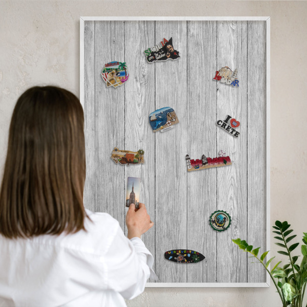 Wand-Magnettafel für Reisesouvenirs mit weißem Rahmen Holzstruktur