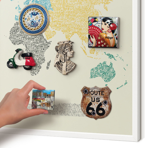 Wand-Magnettafel für Reisesouvenirs mit weißem Rahmen Weltkarte