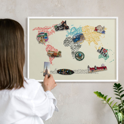 Wand-Magnettafel für Reisesouvenirs mit weißem Rahmen Weltkarte