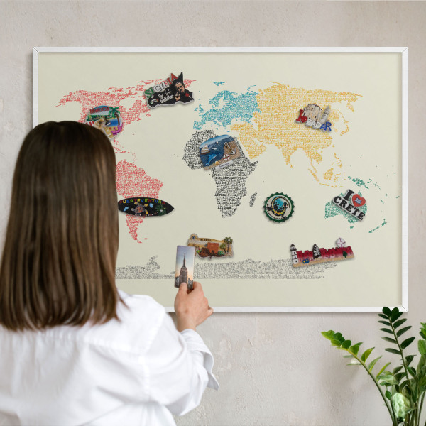 Wand-Magnettafel für Reisesouvenirs mit weißem Rahmen Weltkarte