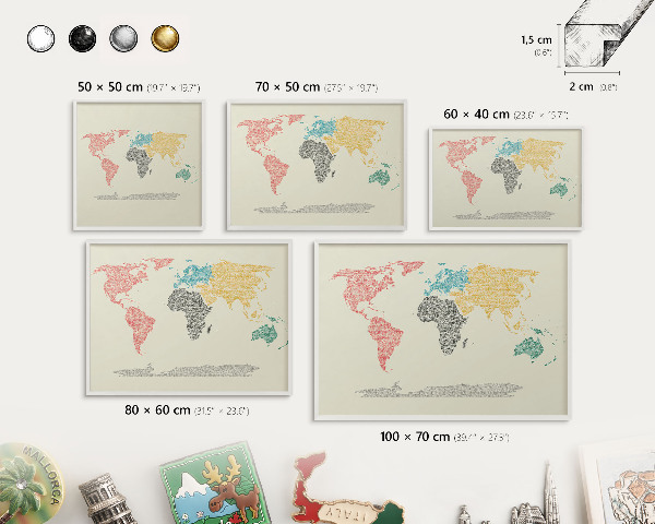 Wand-Magnettafel für Reisesouvenirs mit weißem Rahmen Weltkarte