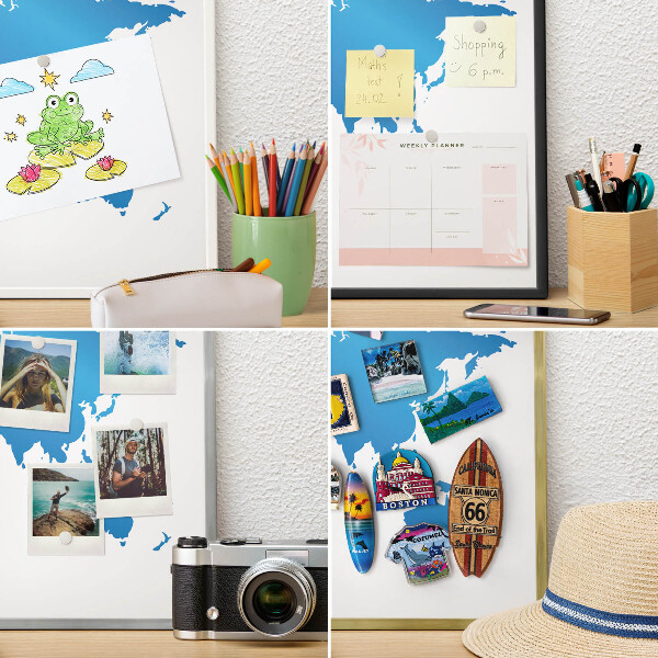 Wand-Magnettafel für Reisesouvenirs mit weißem Rahmen Weltkarte