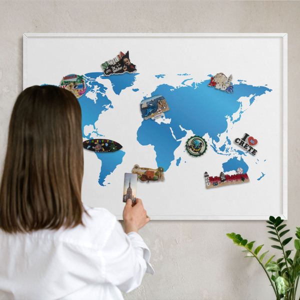 Wand-Magnettafel für Reisesouvenirs mit weißem Rahmen Weltkarte