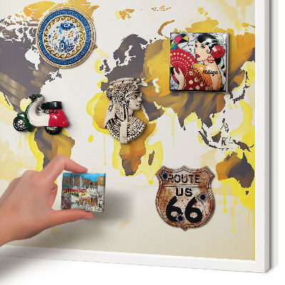 Magnettafel aus Metall für Souvenirs in weißem Rahmen Weltkarte