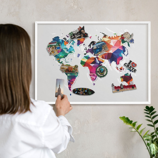 Wand-Magnettafel für Reisesouvenirs mit weißem Rahmen Weltkarte