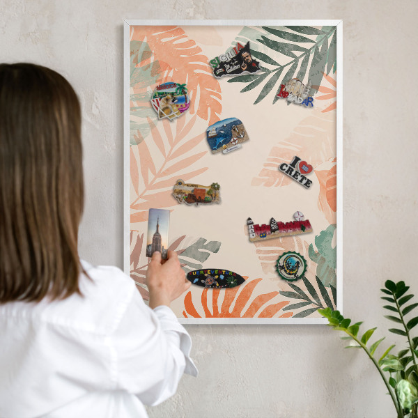 Wand-Magnettafel für Reisesouvenirs mit weißem Rahmen Tropische Blätter