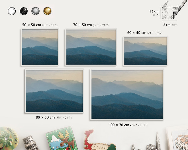 Magnettafel aus Metall für Souvenirs in weißem Rahmen Bergblick